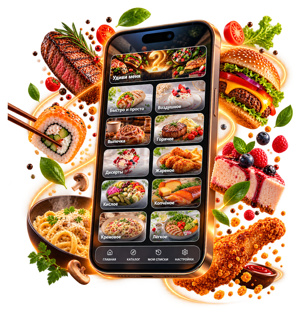 Food Swipe на телефоне среди продуктов